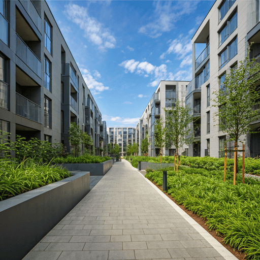 Lush green courtyard between modern apartment buildings with walking paths